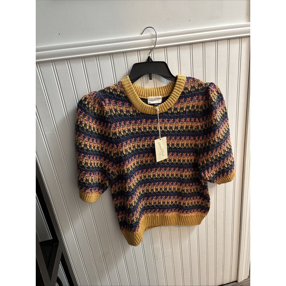 Puff Sleeve Knit Sweater Women Large Colorful Retro Cottagecore Boho Hippie NWT